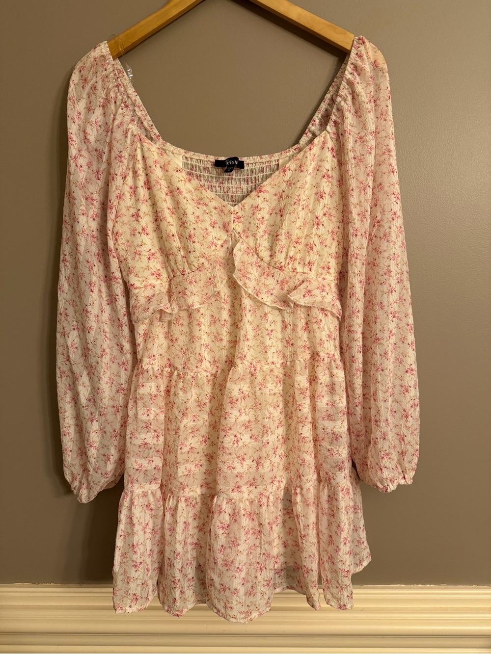 Trixxi Floral Puff Long Sleeve Tiered Ruffle Mini Dress Medium Cottagecore